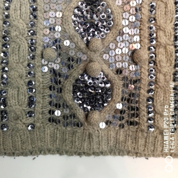 Y2k Vintage Light Grey Pewter Sequins Cable Knit Cap Sleeve Pullover Sweater - Picture 8 of 14
